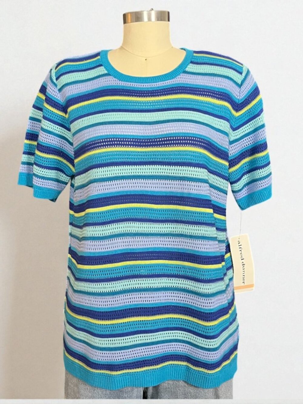 NWT Vintage 80s Alfred Dunner Short Sleeved Lightweight Knit Striped Sweater M